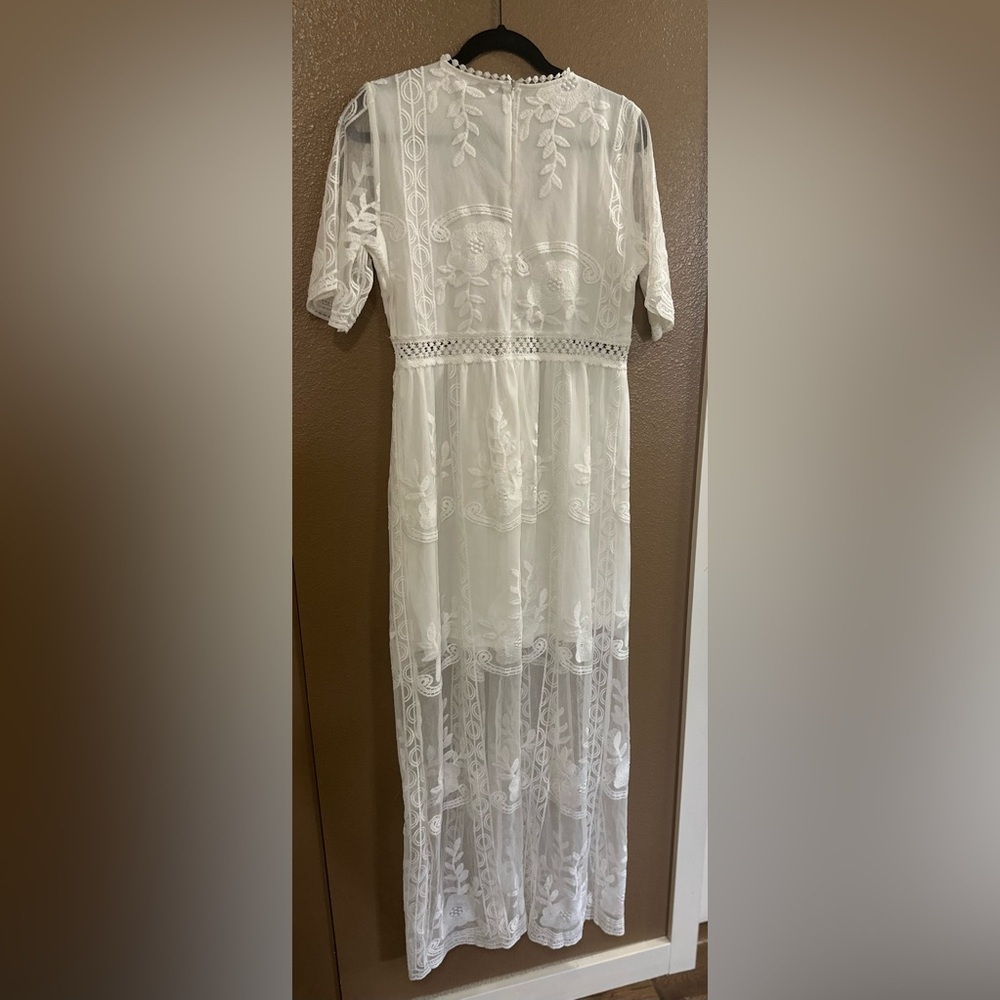 Ivory Floral Embroidered Lace Boho Maxi Dress Deep V-neck Fairycore Cottagcore. - Picture 10 of 14